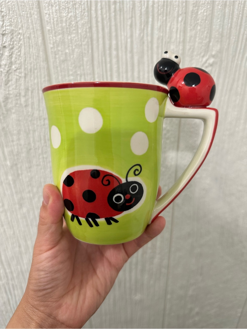 Indra Hand Painted Stoneware 3D LADYBUG Mug 4.5 in.